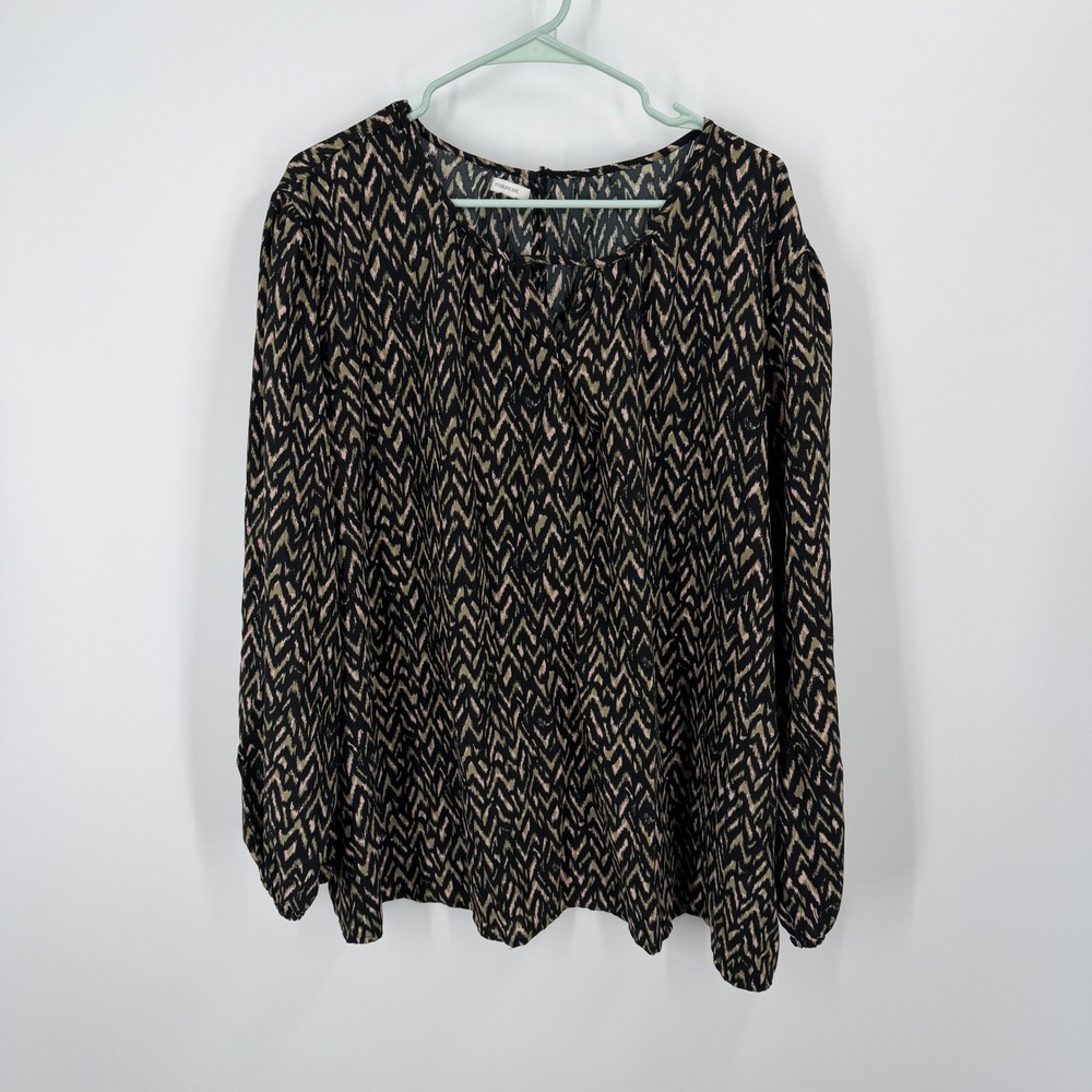Maurices Blouse Womens 4X Black Pink Green Ikat Chevron Long Sleeve Top